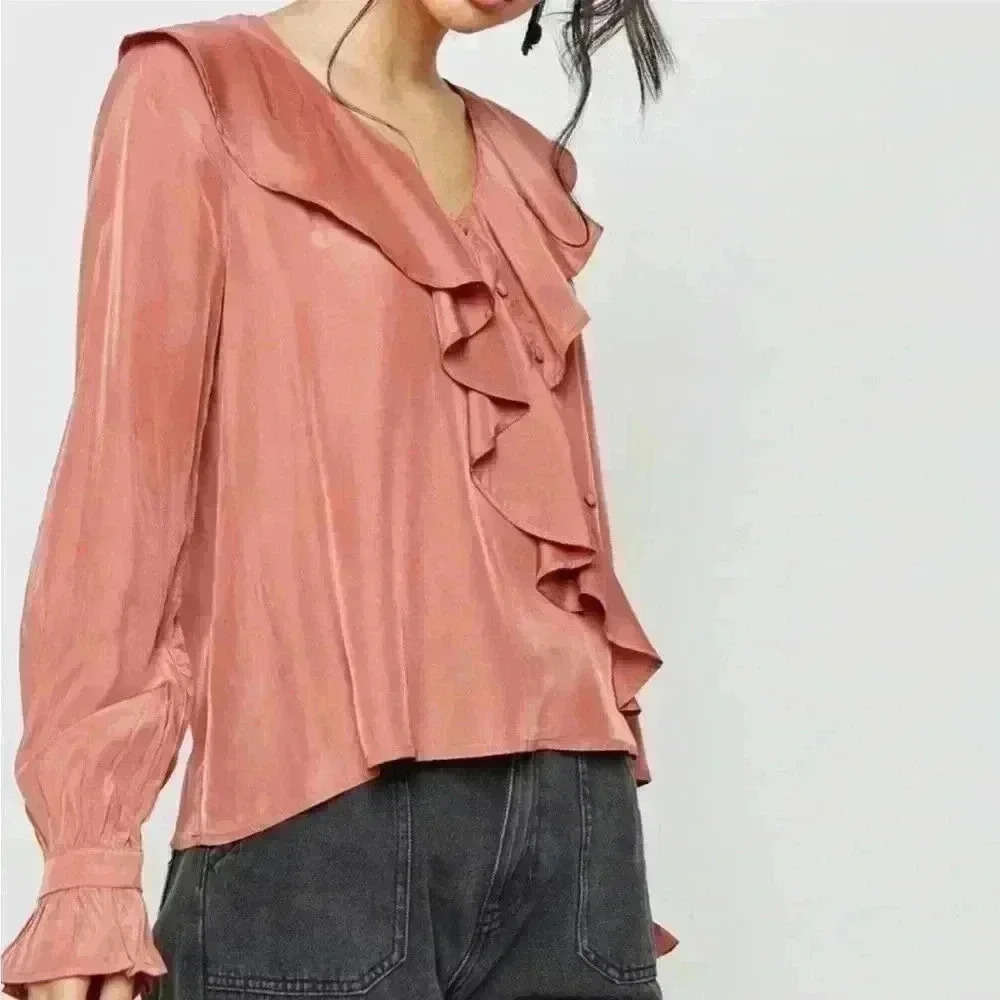 Moon River Women's Rust Unbalanced V-Neck Ruffle Top Size XS‎ Boho Chic